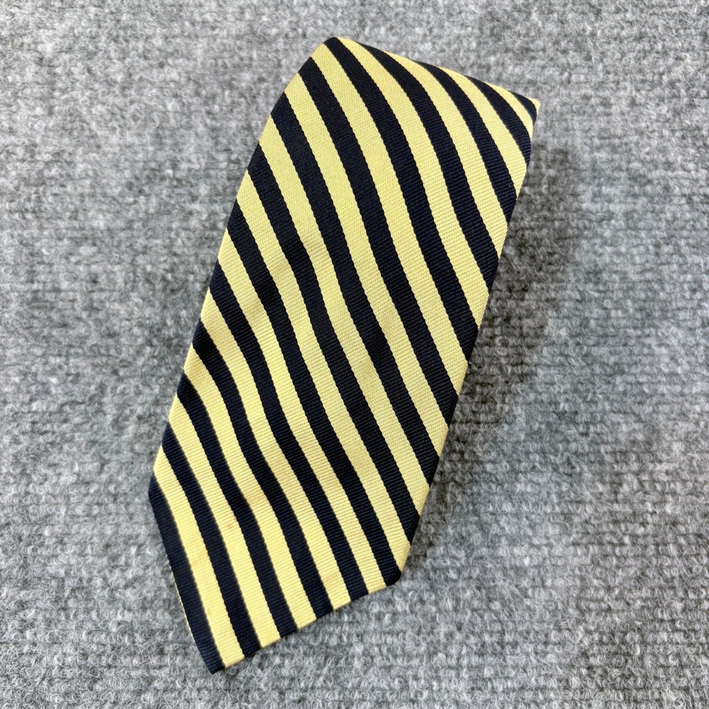 VTG Robert Talbott Mens Silk Tie Yellow Navy Blue Striped Hand Sewn‎ USA Made